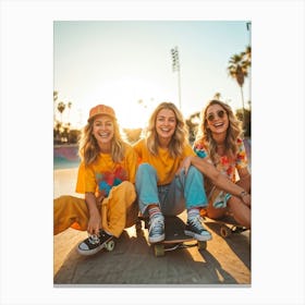 A Joyous Group Of Three Caucasian Female Skateboarders Hipster In Style Smiling Radiantly Sitting 2 1 Canvas Print