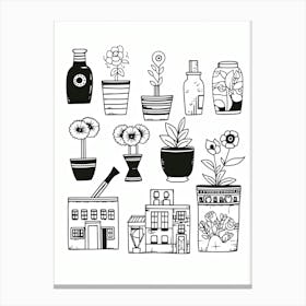 Plants And Pots Black And White Line Art Canvas Print