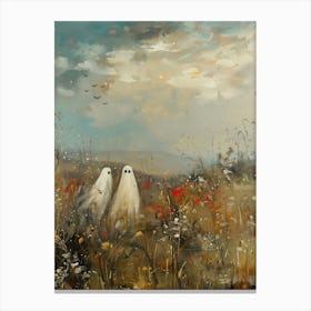 Cute Halloween Ghosts In Wildflower Field Canvas Print