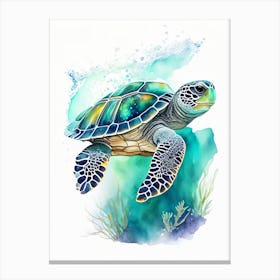 Sea Turtle In Deep Ocean, Sea Turtle Watercolour 3 Canvas Print