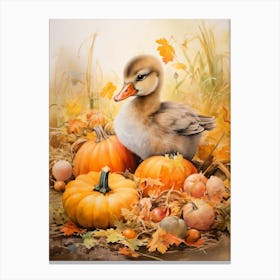 Autumnal Pumpkin Duckling Painting 2 Canvas Print