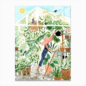 Gardener In Greenhouse Canvas Print