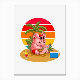 Colorful Pig Illustration Pig In Sunglasses On The Beach Under A Palm Tree Playing Music Canvas Print