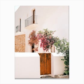 Pink Flowers growing on White House // Ibiza Travel Photography Canvas Print