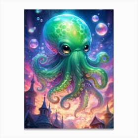 Cute Cthulhu Floating Amidst Iridescent Soap Bubbles Tentacle Details Visible Through Translucent Canvas Print