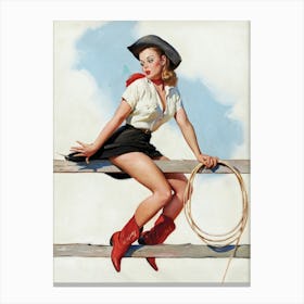 Cowgirl Sitting on Fence, Vintage, Retro Western Aesthetic Canvas Print