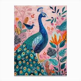 Folky Floral Peacock With Other Birds Canvas Print