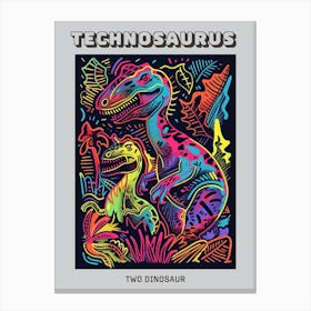 Two Neon Dinosaur Line Illustration Poster Canvas Print