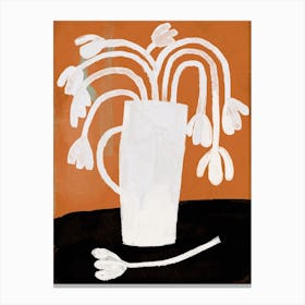 White Flowers Vase Still Life On Orange And Black Canvas Print