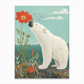 Polar Bear Sniffing A Flower Storybook Illustration 3 Canvas Print