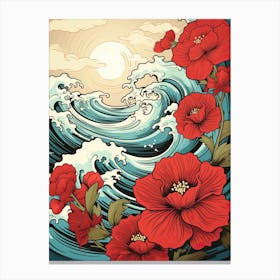 Great Wave With Poppy Flower Drawing In The Style Of Ukiyo E 2 Canvas Print