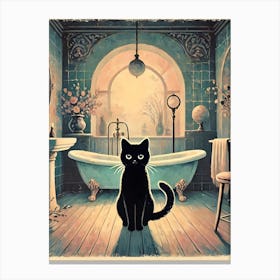 Black Cat In Bathroom Canvas Print