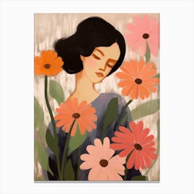 Woman With Autumnal Flowers Gerbera Daisy Canvas Print