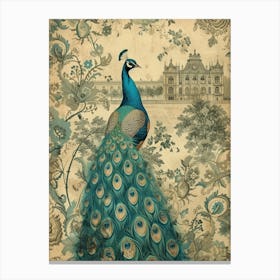 Vintage Floral Peacock With Palace In The Background 1 Canvas Print