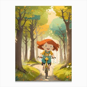 Girl Riding A Bike In The Forest Canvas Print