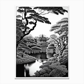 Hamarikyu Gardens, Japan Linocut Black And White Vintage Canvas Print