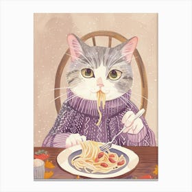 Grey White Cat Eating Pasta Folk Illustration 2 Canvas Print