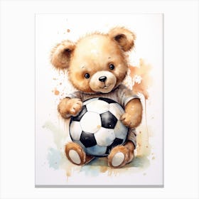 Football Soccer Ball Teddy Bear Painting Watercolour 1 Canvas Print