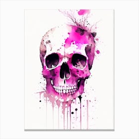 Skull With Watercolor Or Splatter Effects 3 Pink Line Drawing Canvas Print