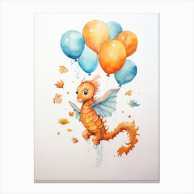 Seahorse Flying With Autumn Fall Pumpkins And Balloons Watercolour Nursery 2 Canvas Print