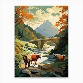 Animated Highland Cows By A Bridge & River Canvas Print