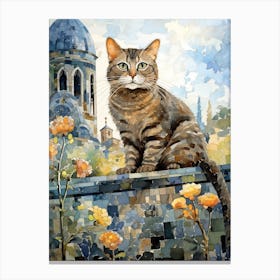 Mosaic Cat On A Wall With Flowers And A Church In The Distance Canvas Print