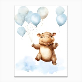 Baby Hippopotamus Flying With Ballons, Watercolour Nursery Art 4 Canvas Print