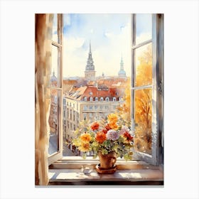Window View Of Riga Latvia In Autumn Fall, Watercolour 1 Canvas Print