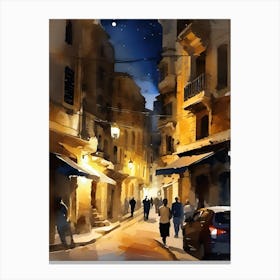 Watercolor Of An Old City Street At Night Canvas Print