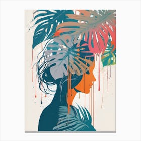 Portrait Of A Woman With Tropical Leaves with Woman Silhouette Canvas Print
