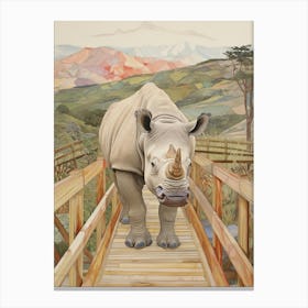 Rhino Crossing A Wooden Bridge With Mountain In The Background 2 Canvas Print