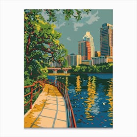 Lady Bird Lake And The Boardwalk Austin Texas Colourful Blockprint 4 Canvas Print