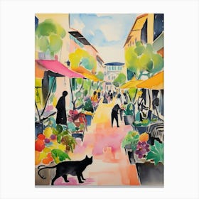 Food Market With Cats In Saint Tropez 4 Watercolour Canvas Print