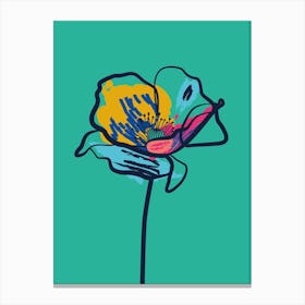 Poppy Flower Minimal Line Art Turquoise Canvas Print