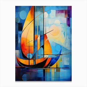 Sailing Boat at Sunset VI, Vibrant Colorful Painting in Cubism Picasso Style Canvas Print