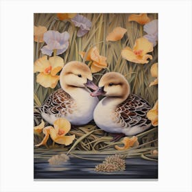 Floral Ornamental Ducks In The Cattail 1 Canvas Print
