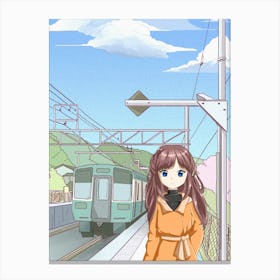 Anime Girl Standing On A Train Platform Canvas Print