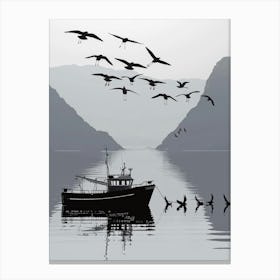 Birds Flying Over A Boat Canvas Print