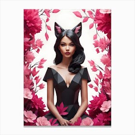 Low Poly Fox Girl,Black And Pink Flowers (7) Canvas Print