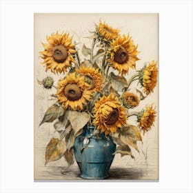 Sunflowers In A Blue Vase Canvas Print
