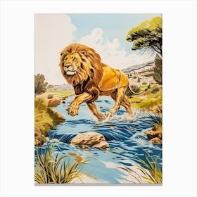 Barbary Lion Crossing A River Illustration 2 Canvas Print