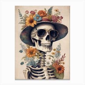 Vintage Floral Skeleton With Hat And Sunglasses (81) Canvas Print