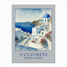 Santorini Greece Travel Poster Watercolor Canvas Print