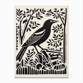 B&W Bird Linocut Magpie 2 Canvas Print