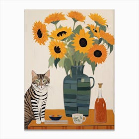 Sunflower Flower Vase And A Cat, A Painting In The Style Of Matisse 1 Canvas Print