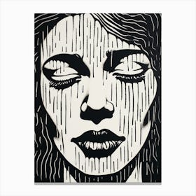 Black & White Linocut Inspired Face In The Rain 3 Canvas Print