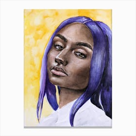 Watercolor portrait of a woman with purple hair on a yellow background Canvas Print