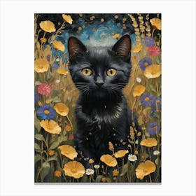 Klimt Style Black Kitten Cat in English Garden Wild Flowers Gold Leaf Painting - Gustav Klimt Monet Waterlillies HD High Resolution Poppies 3 Canvas Print