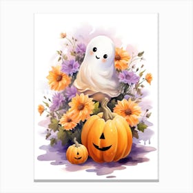 Cute Ghost With Pumpkins Halloween Watercolour 114 Canvas Print