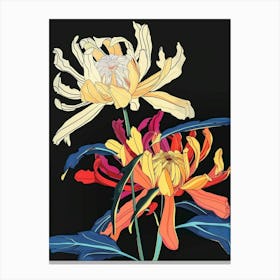 Neon Flowers On Black Chrysanthemum 4 Canvas Print